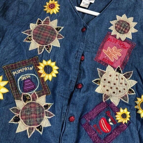 Vintage 90s Fall Autumn Halloween Denim Embroidered Button Down Shirt - Picture 8 of 8
